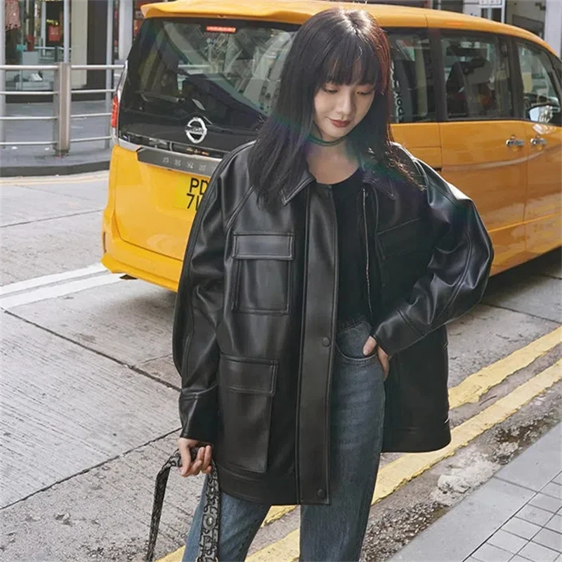 

Hong Kong Style foreign style leather women's mid-length new 2022 Spring Winter With Velvet Thick ins Coat Student Biker Jacket