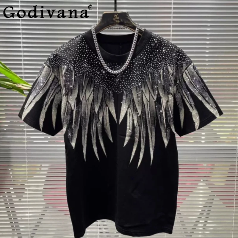 

Large Size Heavy Industry Hot Diamond Men Women Summer Loose Short Sleeve T-shirt Personalized Fashion Versatile Korean Chic Top