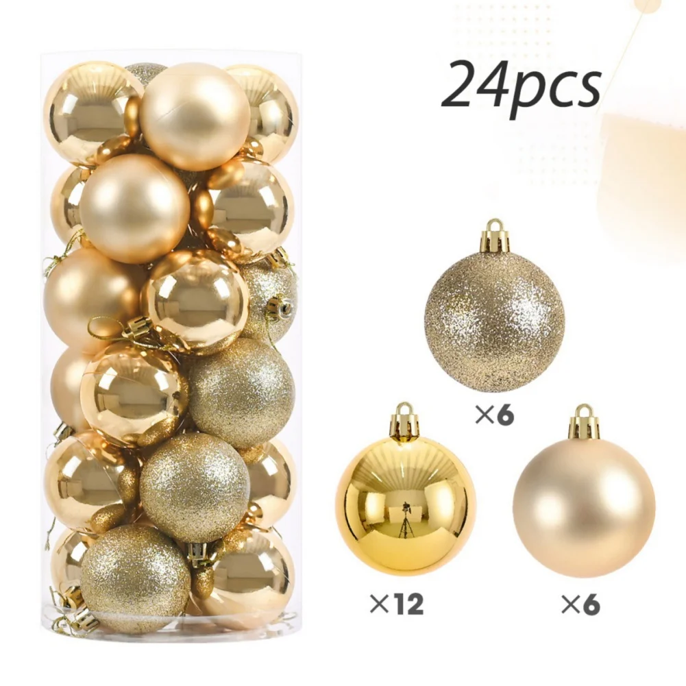 24pcs/set Christmas Ball Ornaments 4/6/8CM Xmas Tree Hanging Pendant Plastic Gold Red Ball for Wedding Home Party New Year Decor