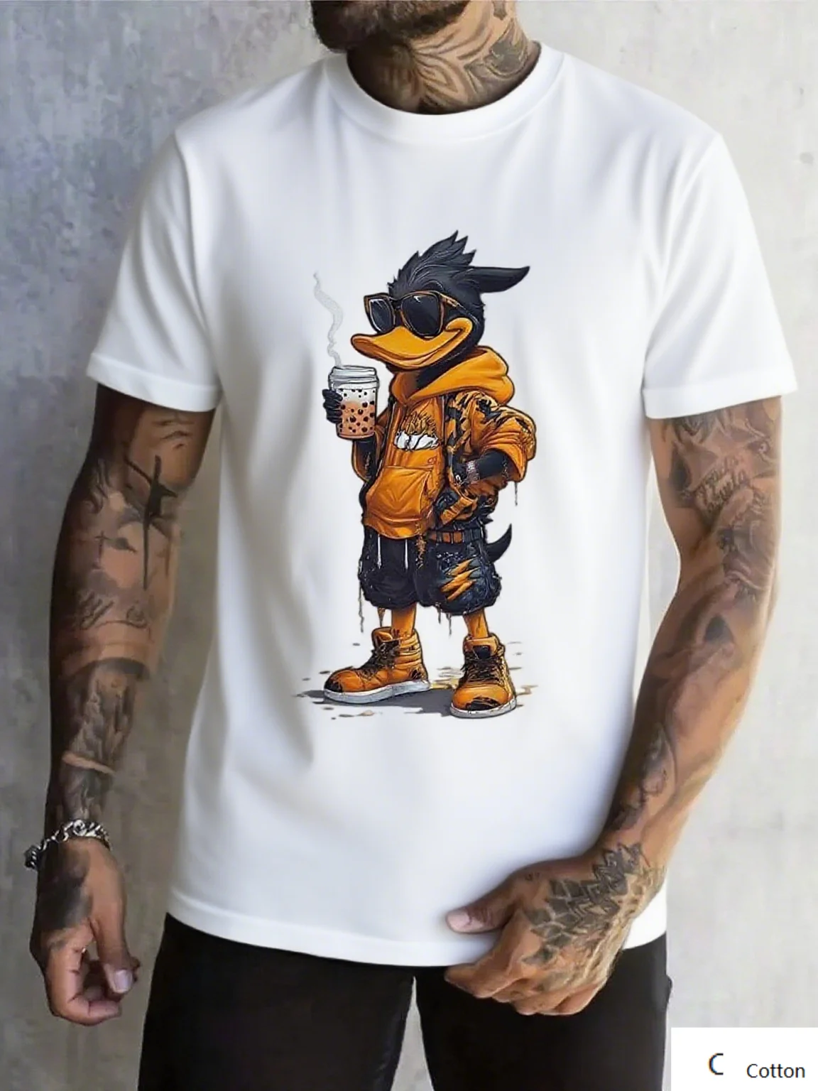 

Mens Cotton T Shirt Featuring Hip Hop Style Cartoon Duck Graphic Holding Bubble Tea Streetwear Classic Print New Arrival T S-4XL