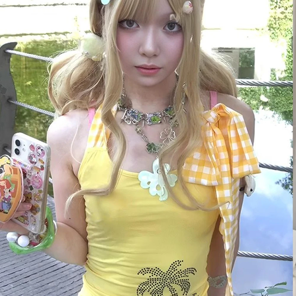 

Summer Coconut Palm Camisole Women Yellow Plaid Halter Versatile Design Slim Tops Hot Girls Y2K Streetwear Sexy Ins Chic Girlish
