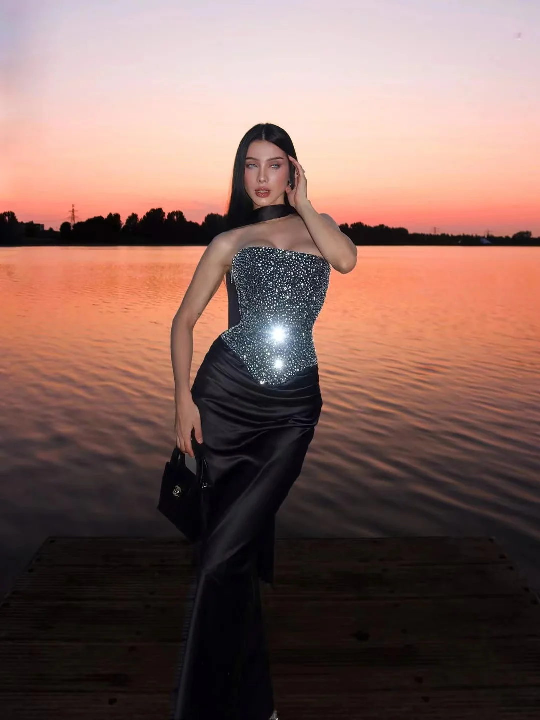 2 Piece Sets Satin Sequin Sexy Elegant Backless Tube & Crop Top High Slit Maxi Skirt Prom Club Party Outfits Spring Summer 2025