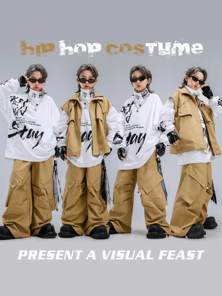 Ubrania do hiphopu i street dance dla dzieci, khaki kamizelka, spodnie, luźny strój, odzież do poppin, jazzowych kostiumów tanecznych, stroje sceniczne BL17338