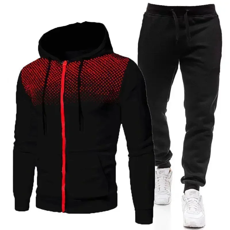 Fashion Print Tracksuit for Men Zipper Hooded Sweatshirt and Sweatpants Two Pieces Suits Male Casual Fitness Jogging Sports Sets