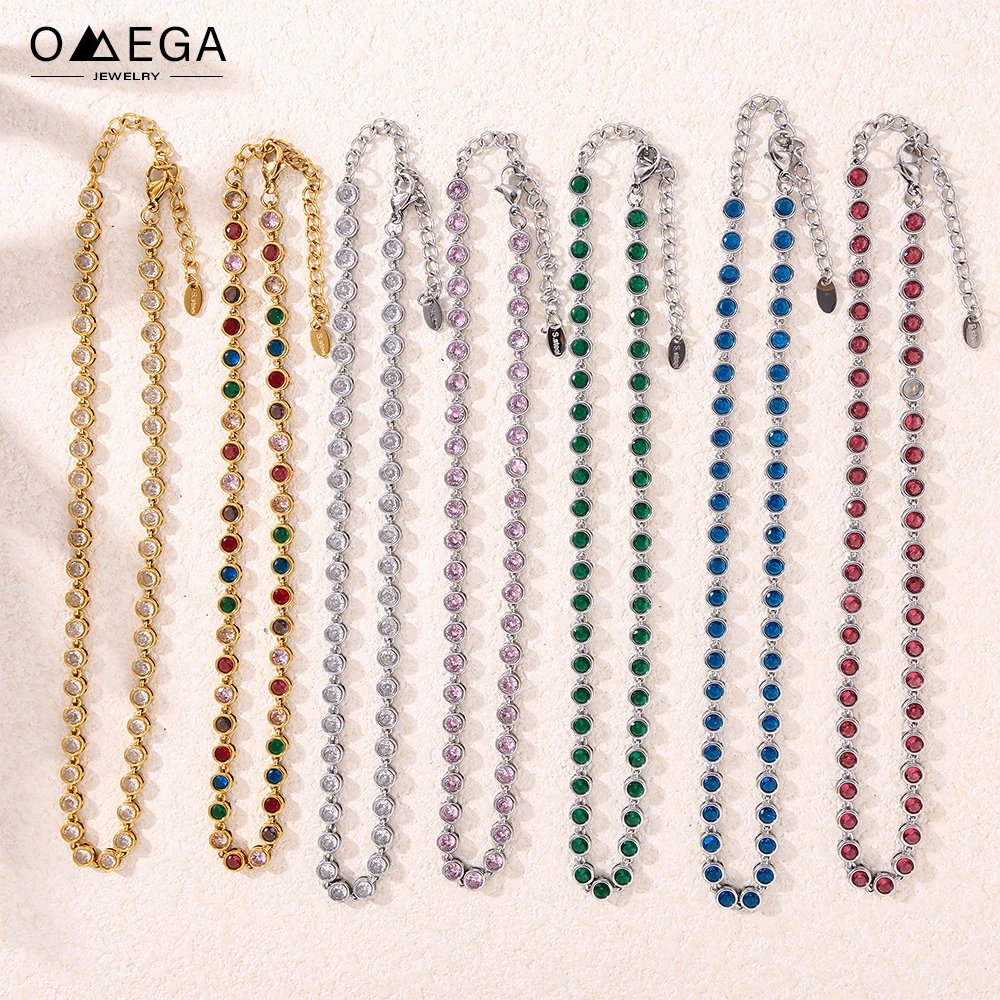 Edelstahl-Halsketten-Armband für Damen, 18 Karat vergoldet, wasserdicht, kein Anlaufen, mehrfarbige Zirkon-Halsketten für Damen