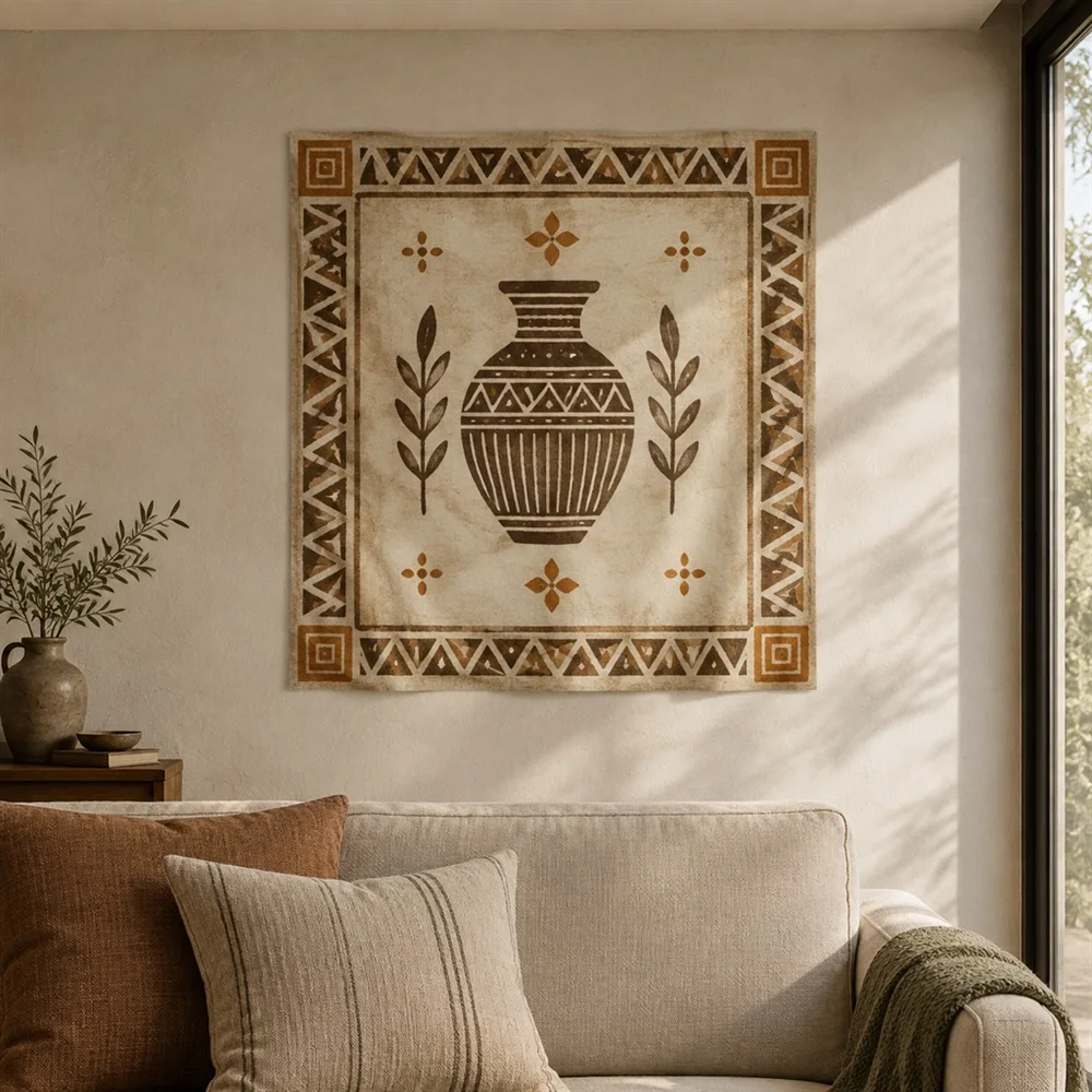 VIKAMA Ceramic Carved Pattern Border Frame Tapestry Wall Hanging, Wabi Sabi Wall Decor Tapestries for Kitchen Dining Room