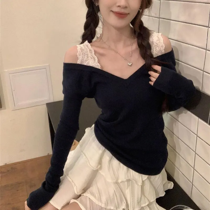 Hotsweet Off Shoulder Slim T-shirts Women's Clothing Fashion Lace Drawstring Spring Autumn Solid Color Casual V-Neck Pullovers