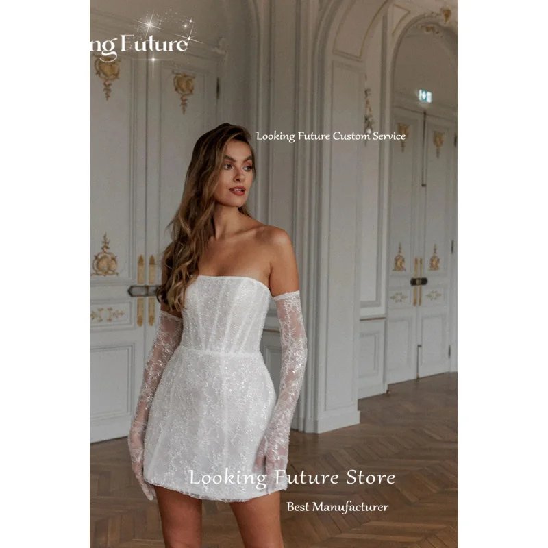 Semplice a-line Mini abito da sposa bianco Sexy senza spalline formale piega lucido paillettes senza maniche Vintage Backless corto da sposa cresciuto