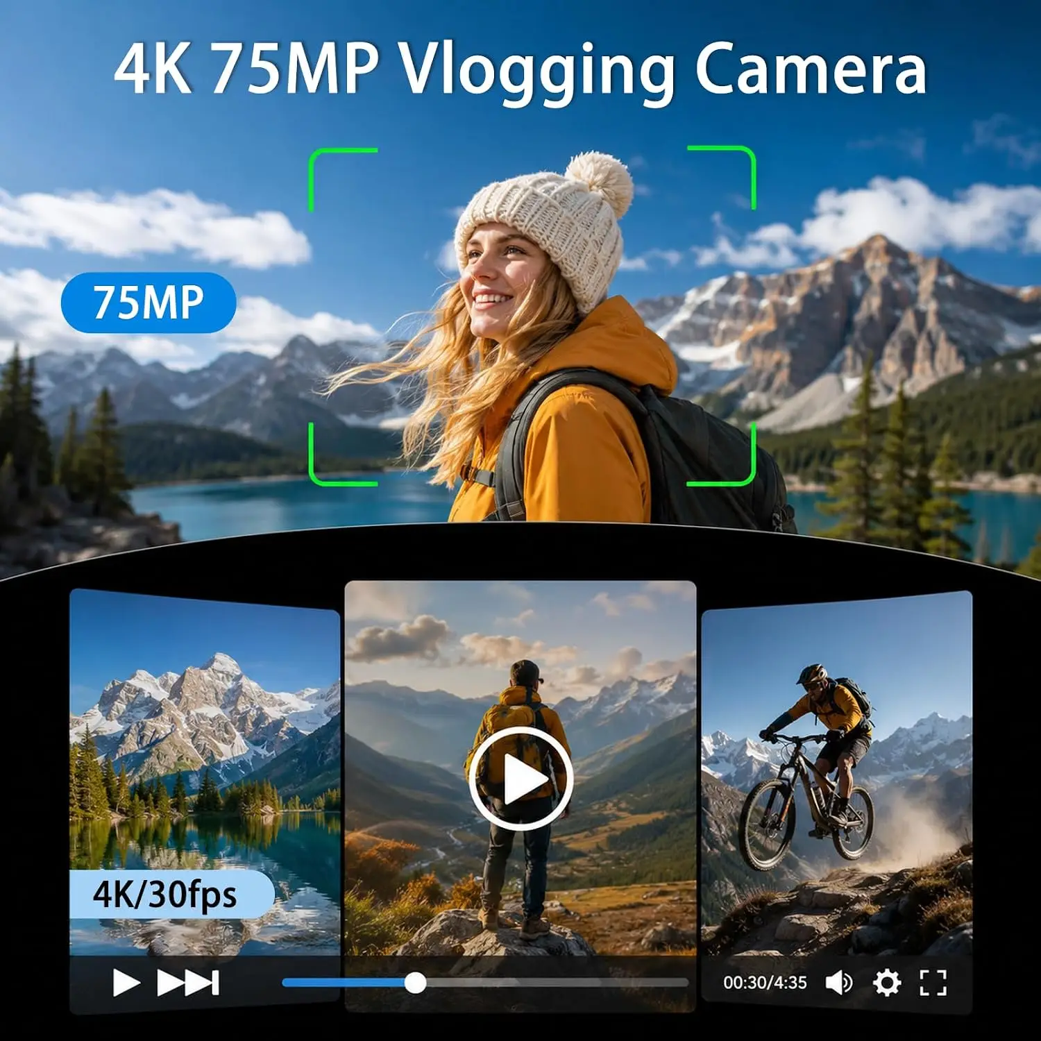 Gimbal 4K Pocket Vlogging Camera Handheld Blogging Cam 330° Rotating Lens & Face Tracking Wifi Webcam Touch Screen for Beginner