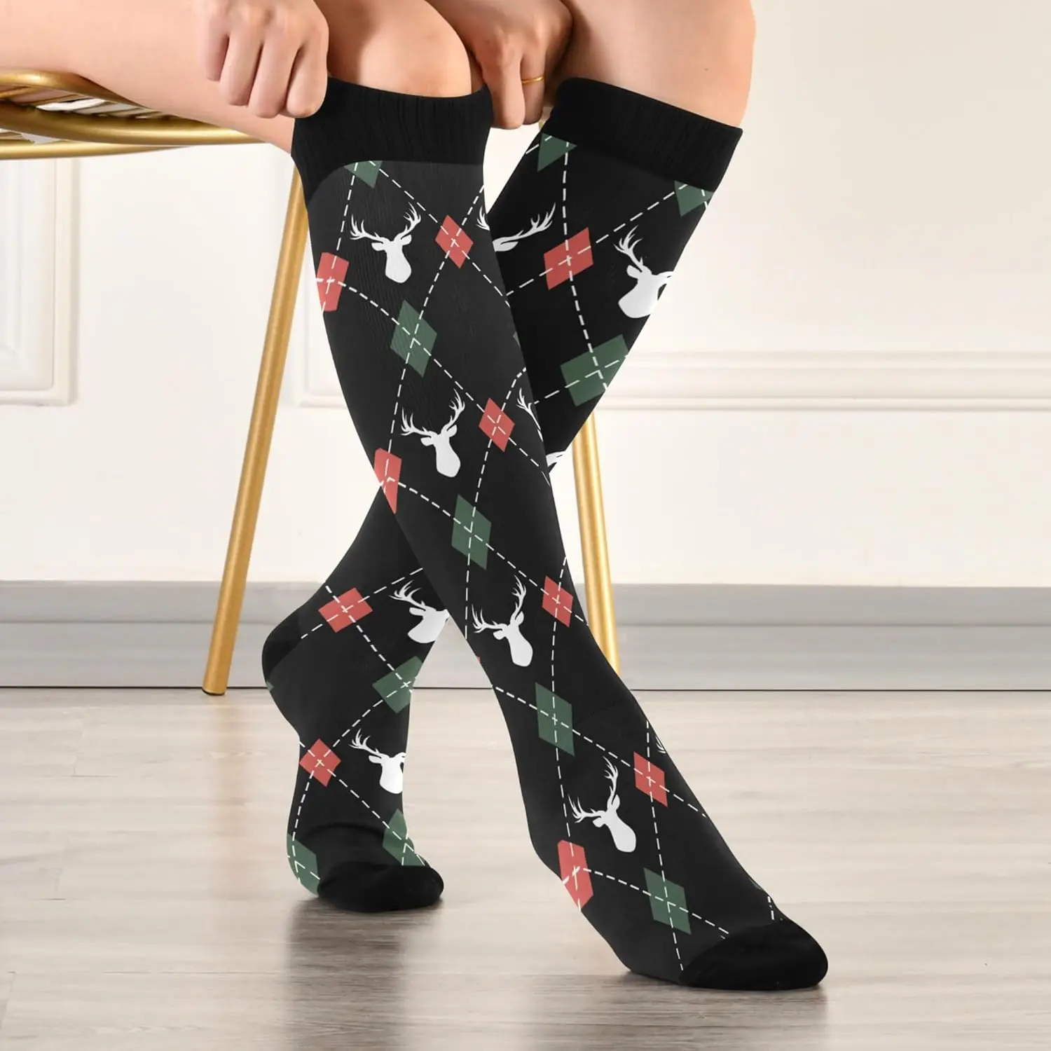 Compression Socks for Men and Women Knee High Socks Support for Sport Running Hiking Fitness Print One Size