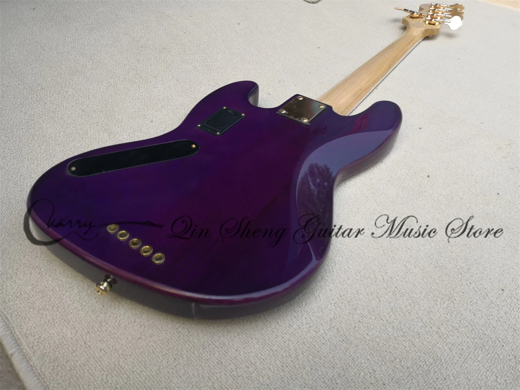 5 strings purple bass guitar jb bass fixed bridge spalted maple top gold tuners active battery maple neck