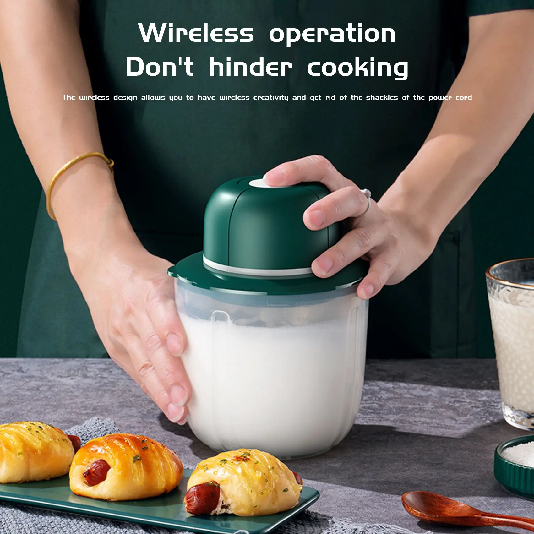 250Ml Cordless Hand Food Mixer Electric Egg Beater Milk Cream Blender USB Rechargeable for Meat Garlic Vegetable Green