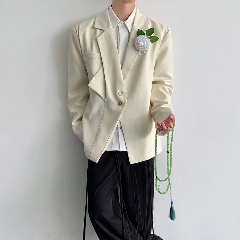WTHT Fashion Men's Spliced 3D Flower Contrast Color Blazer Coats Trendy Double Buckle Lapel Jackets Mlae 2025 Autumn 2A2054