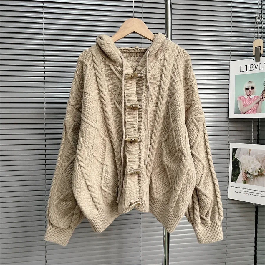 2024 Women Sweater Cardigan Kintted Jacket Horn Button Spring Autumn Loose Pockets Winter Streetwear Y2k Jumper Coat Cardigans