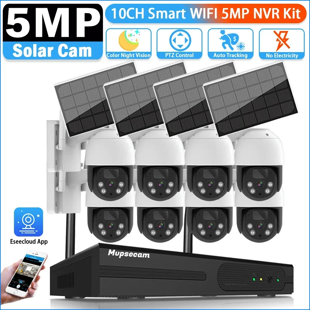 

5MP 10CH Wireless NVR Security WIFI IP Camera System Kit Outdoor Cameras With Solar Panel Surveillance CCTV WIFI Video Recorder