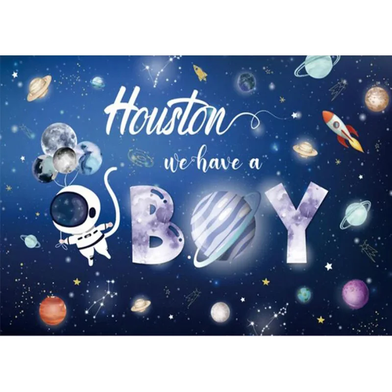 Outer Space Happy Birthday Backdrop Galaxy Planet Astronaut Rocket Photography Background Party Cake Table Decor Props TK-02