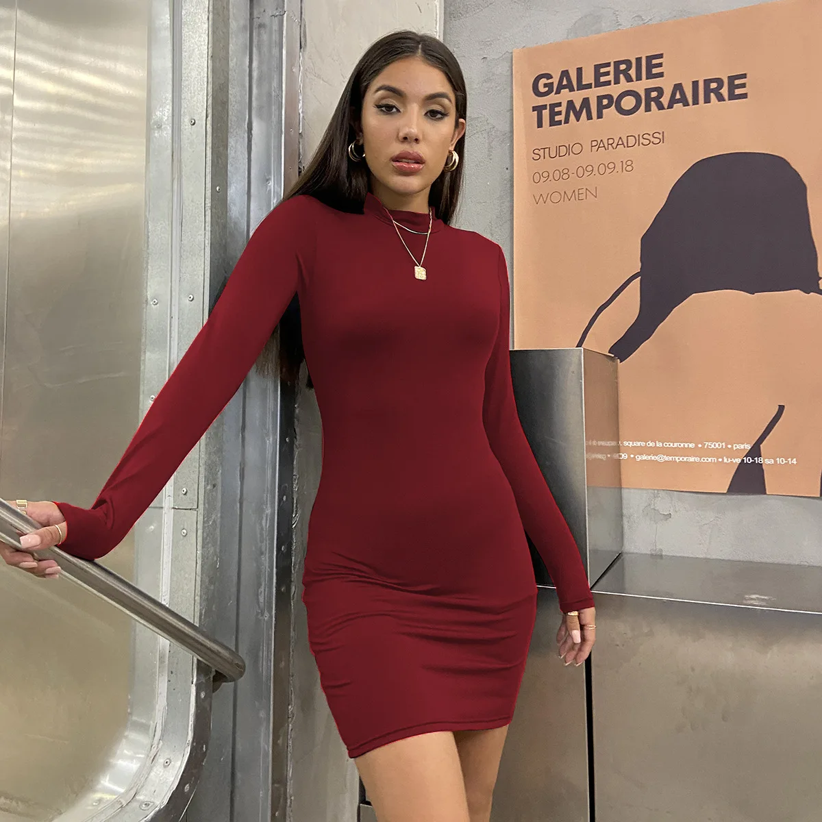 Long Sleeve Slim Bodycon Mini Dress Women Turtleneck Pleated Party Ruched Short Evening Club Outfit Soild Color