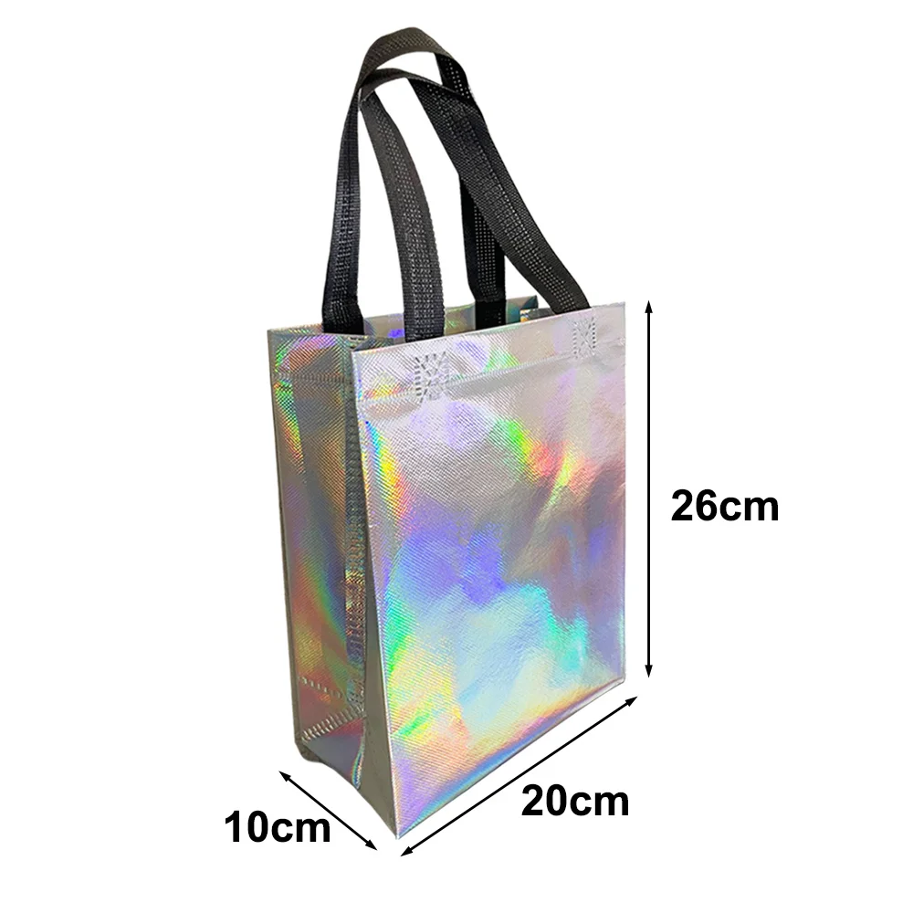 4 Pcs Iridescent Party Gift Bags Holographic Non-Woven Fabrics Bags Iridescent Birthday Decor Supplies Reusable with Handle Bags