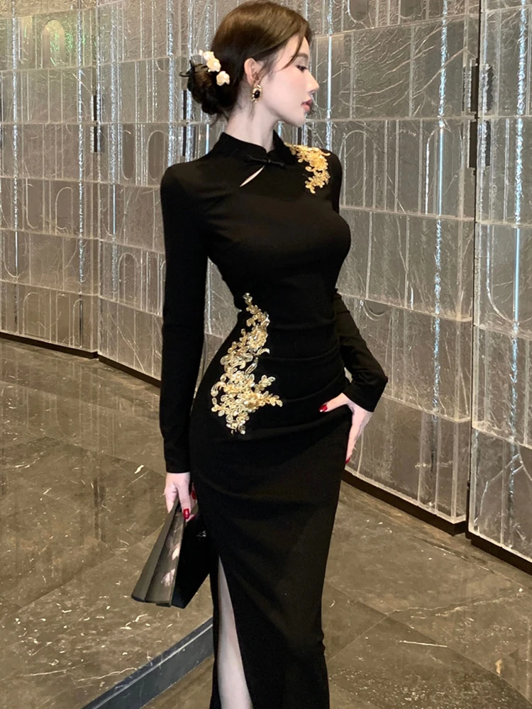 خريف شتاء أسود شيك الترتر طباعة فستان طويل 2025 الكورية خمر هيبورن مساء فستان المرأة أنيقة Bodycon مهرجان فستان #3