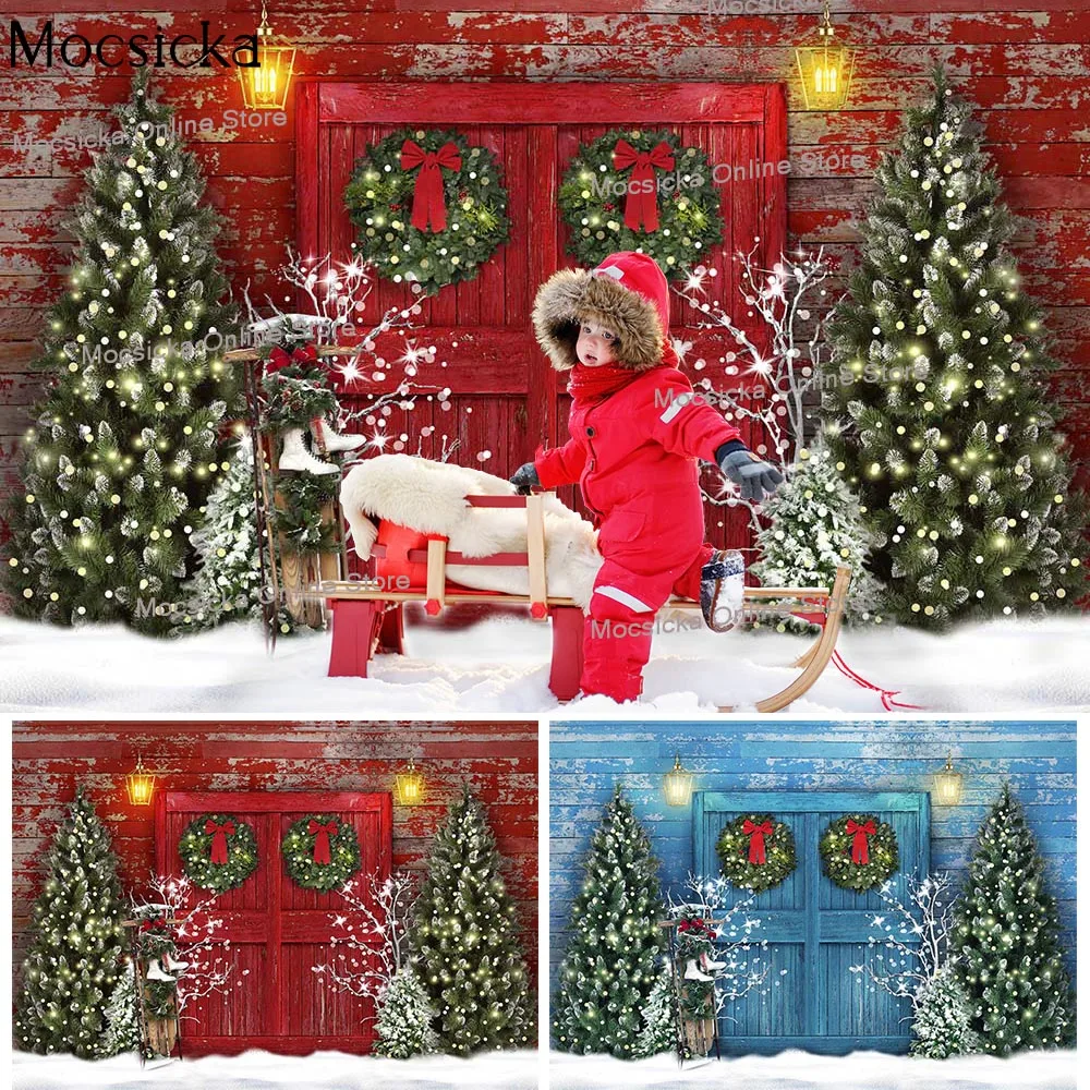 

Xmas Rustic Barn Kids Portrait Backdrop Christmas Trees Green Wreath Snow Street Background Winter Skiing Family Party Supplies