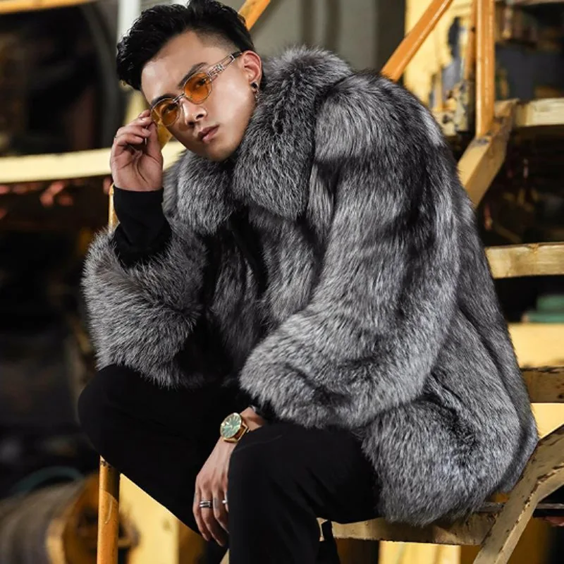 Luxury Brand Men's Autumn Winter Fluffy New Business Casual Silver Fox Fur Jacket Faux Fur Coats Fashion Charming Warm Tops