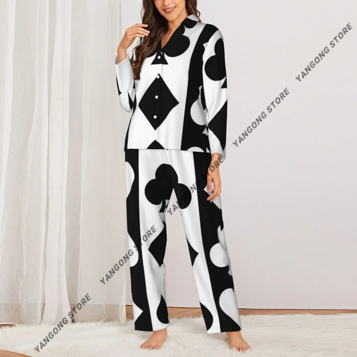 Spring and Autumn Pajama Set Women's Long Sleeve Pants Two Piece Playing Card Print Home Furnishing Set