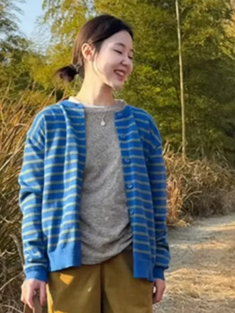 Coreano início do outono cor blo listrado malha aberta cardigan feminino fino solto preguiçoso sle camisola base outerwear