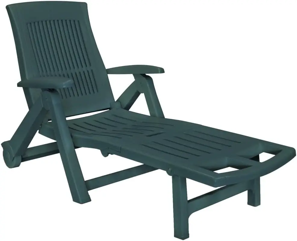 Sun Lounger With Footrest - Weather-Resistant Plastic Reclining Outdoor Chair - Portable, Foldable Design - Green