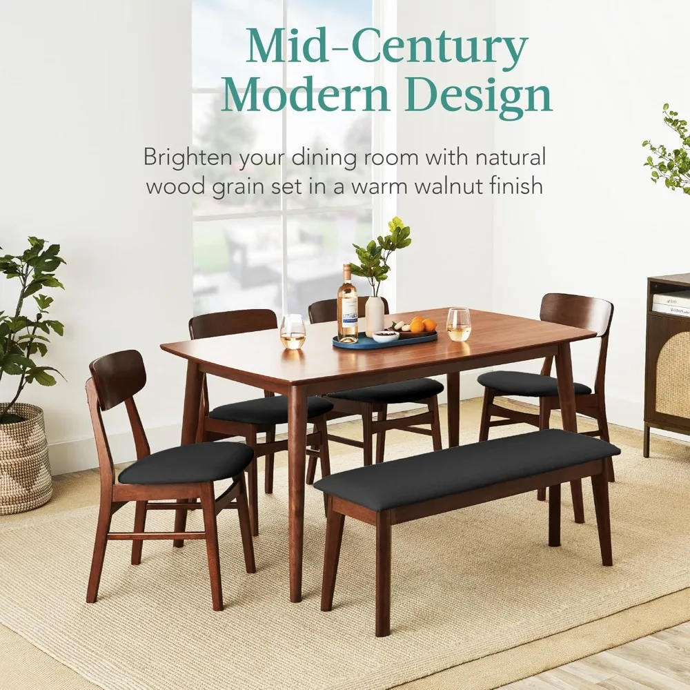 6-Piece Wooden Dining Table Set, Modern Table & Upholstered Chair Set W/Bench Seat, Rubberwood Legs, Dining Tables Sets