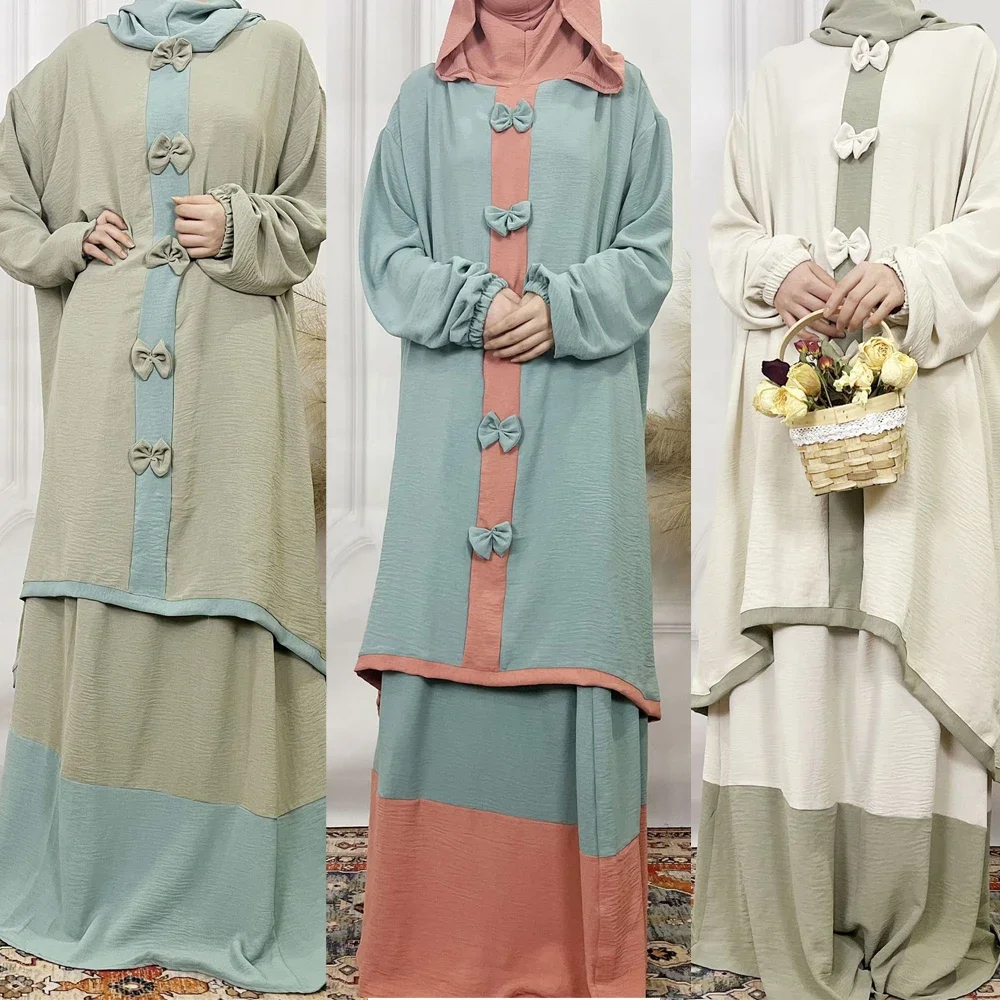 Islamic Clothing Skirt Set for Women Abaya Dress Muslim Fashion Bowknot Solid Long Sleeve Arab Dubai Eid Mubarak Ladie Karftan