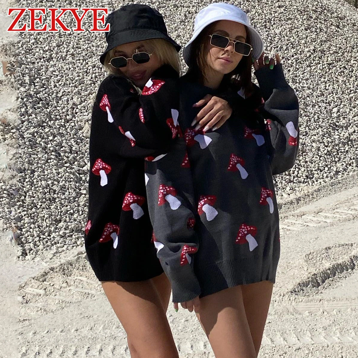 Zekye Mushroom Graphic Cute Black Sweaters Women Winter Loose Long Sleeve Knitwear Casual Basic Outwear Autumn Pullover Elegant