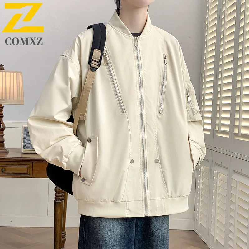 

COMXZ Baseball Jacket Mens New Retro High Street Loose Biker Short Coat Casual Workwear Men Fashion Spring And Autumn Clothing