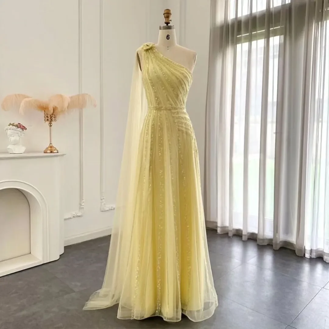 

TaoYao Yellow Tulle Luxury Prom Dress One Shoulder Illusion Beaded Sequin Sleeveless Floor-Length Formal Occassion Dress 2023