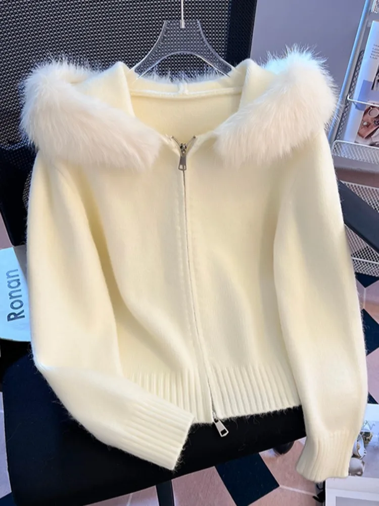 

Thiened Wool Collar Hooded Knitted Sweater Coat for Women Autumn Winter Small Size Zipper Casual Faion Warm ort Coat