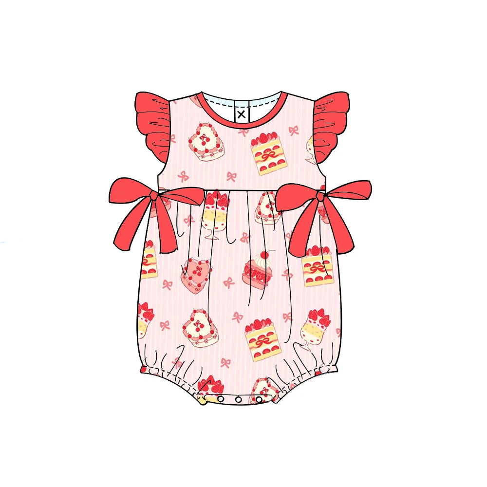

Round neck short flutter sleeves jumpsuit with bow decoration cake balloon bow print milk silk fabric custom wholesale