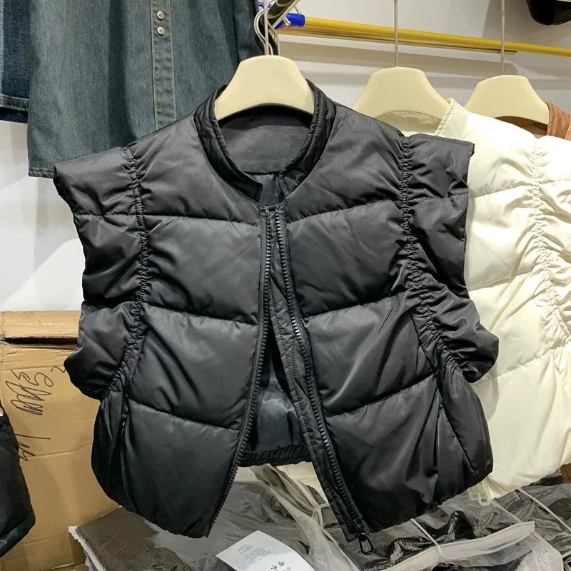 

Женская модная пуховая хлопковая короткая куртка-жилет, осень 202, черные теплые тонкие парки без рукавов, повседневный жилет, пальто