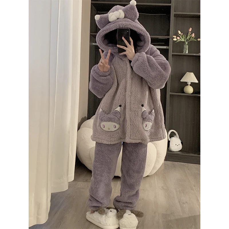 2Pcs New Kawaii Kuromi Coral Velvet Pajamas Woman Anime Cartoon Autumn Winter Student Keep Warm Thicken Loungewear Nightgown Set