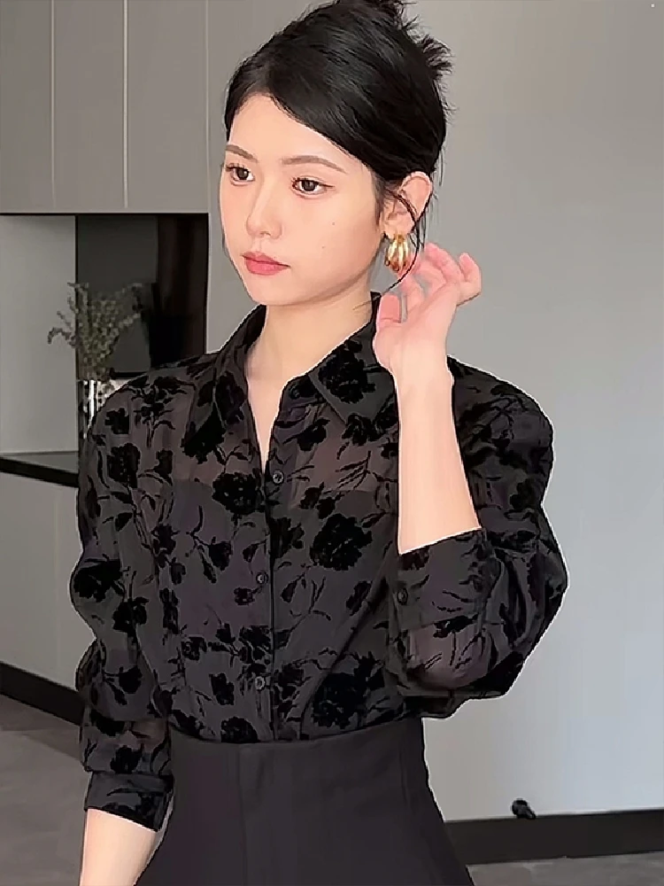 

Ele Bla Printed Loose Long Sve irt Women's Spring Design Unique Sle Faionable Top Quali Polyester Material