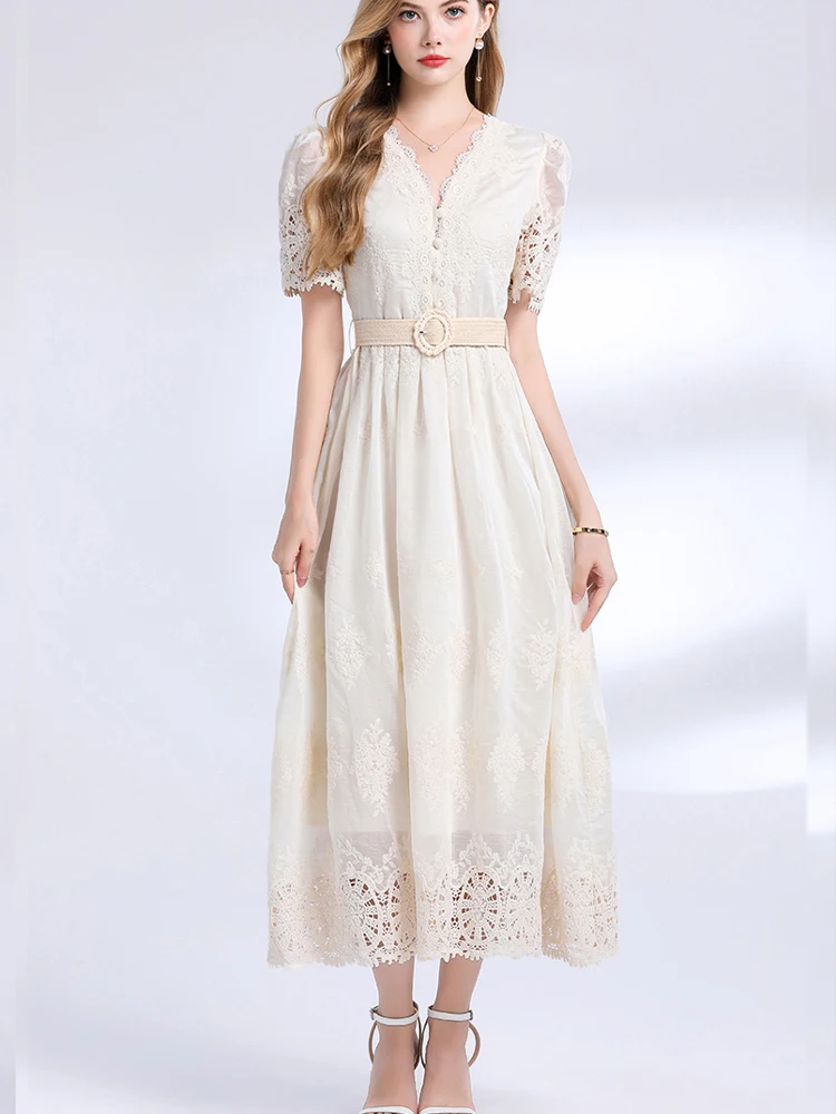 

Elegant Printed V-Neck Short Sleeved Slim Fit Dress 2025 New Fashion Summer Women'S Clothing