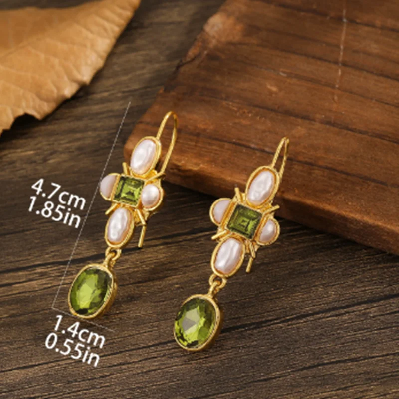 KSRA Vintage Geometry Personal Green Crystal Inlaid Pearl Earrings For Women Exquisite Birthday Party Earrings