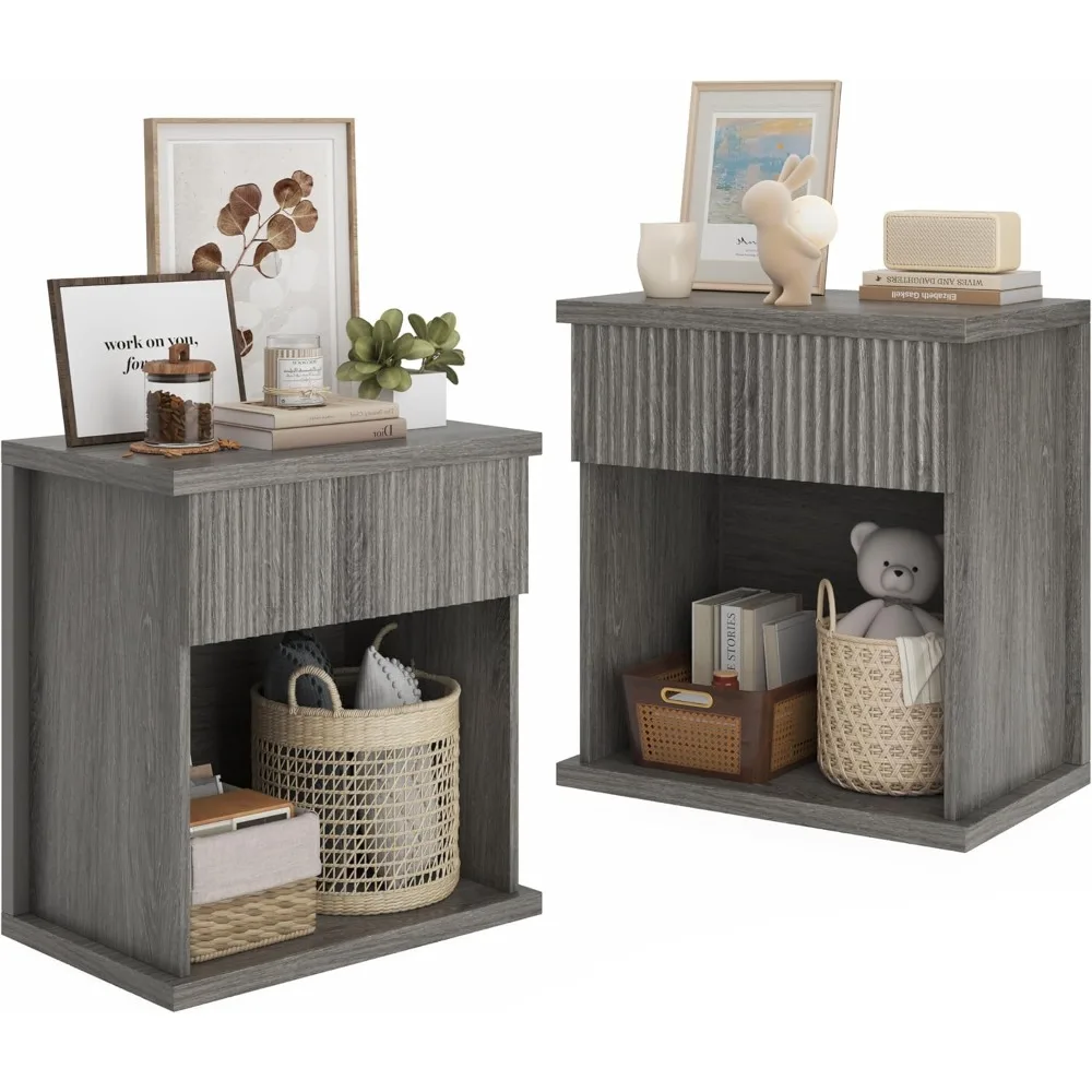 

Fluted Nightstand Set of 2, 22.8 Wide Nightstands with Drawer Storage Large Wood BedsideTable Night Stands for Bedroom, Grey Oak