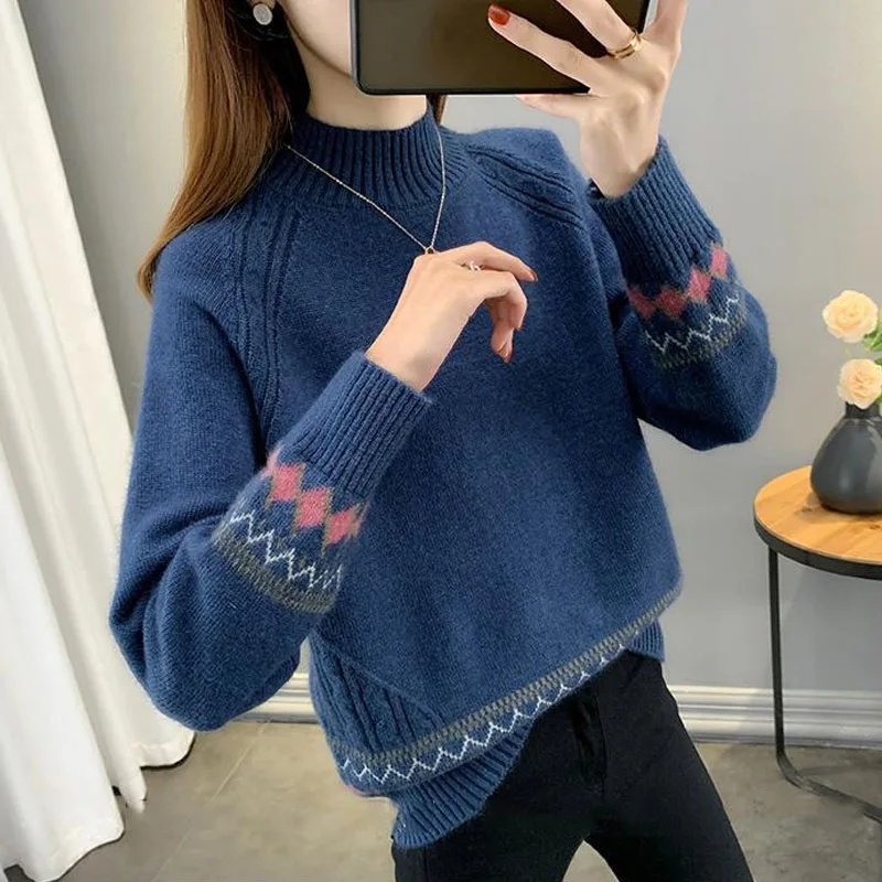 New Autumn/Winter Korean Edition Lazy Colored Jacquard Half High Neck Loose and Versatile Western Style Slimming Knitted Sweater