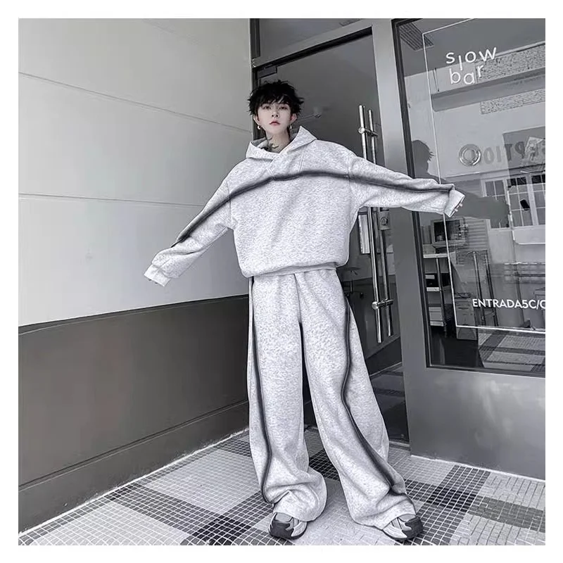 

Korean Spray-dyed Distressed Design Loose Hooded Sweatshirt Two-piece Loose Wide-leg Trousers Set