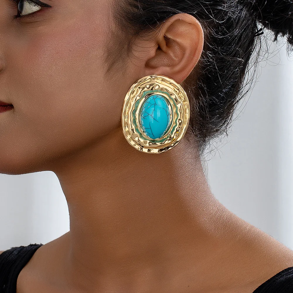 Pendientes de tuerca para mujer, pendientes ovalados azules para mujer, diseño Retro para mujer, pendientes elegantes a la moda, joyería ligera de lujo