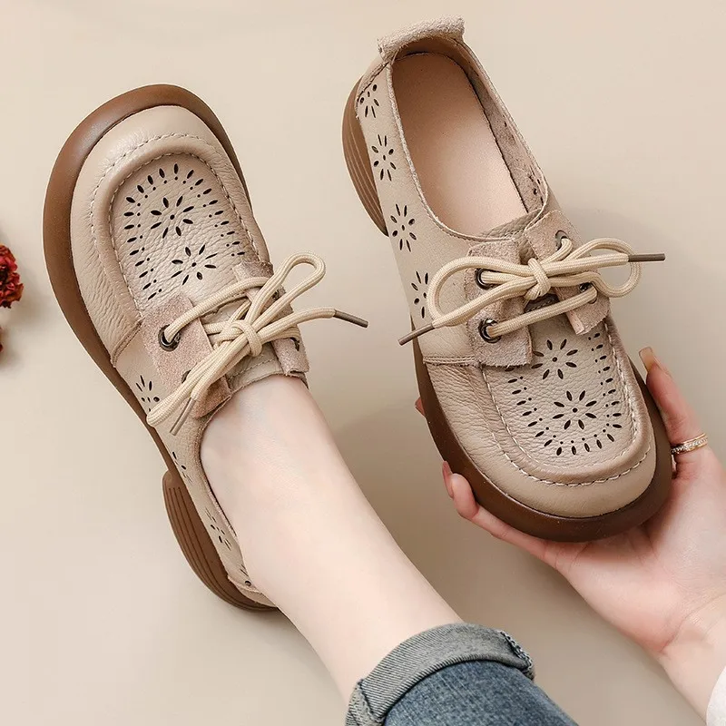 

Full Cowhide Retro British Style Small Leather Shoes Female Summer New Thick Bottom Hole Shoes Hollow Leather Shoes Sandals