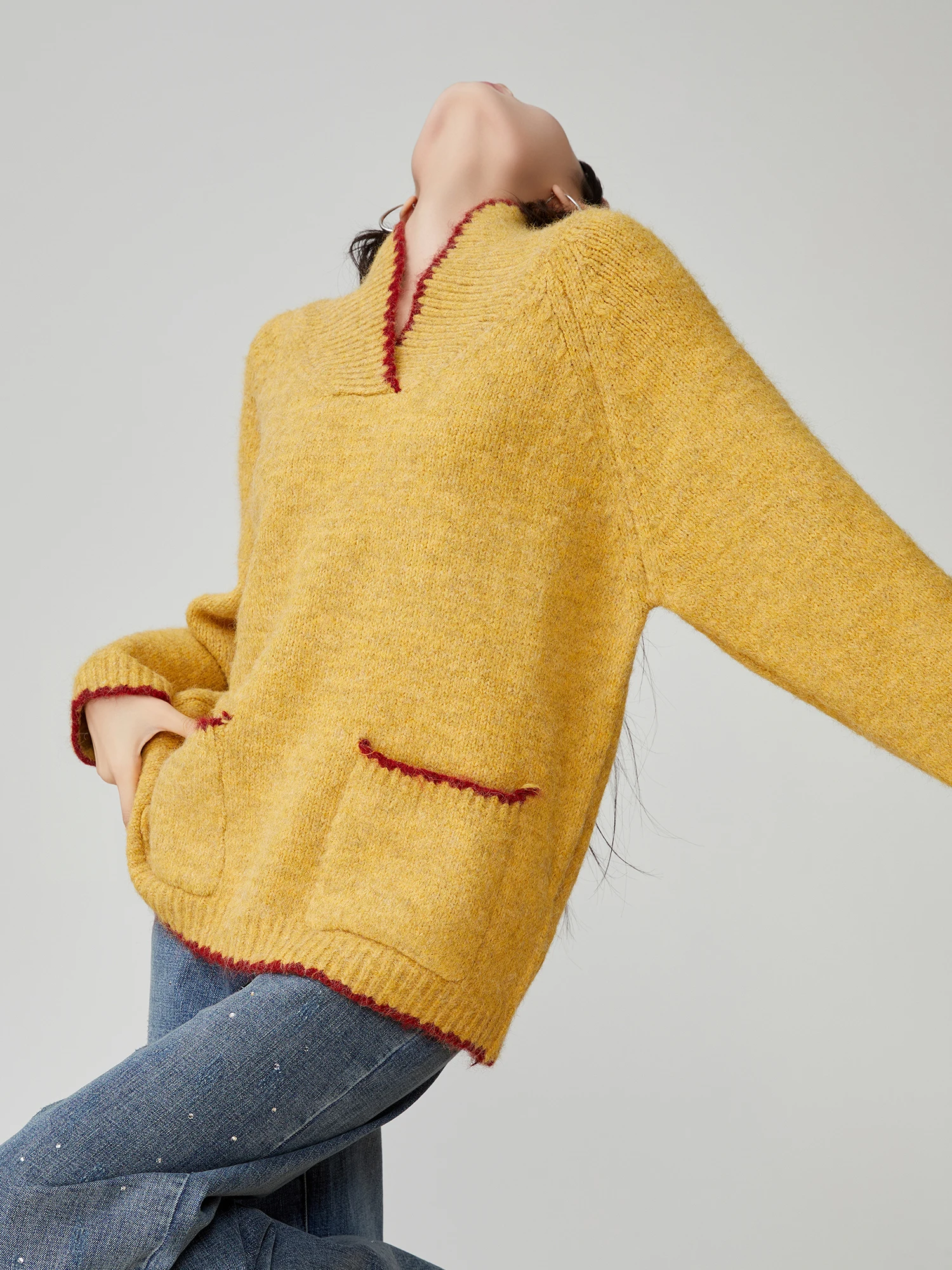 

Желтый длинный вязаный свитер женский свободного кроя с отложным воротником в корейском стиле, весенний, новый, повседневный, модный топ