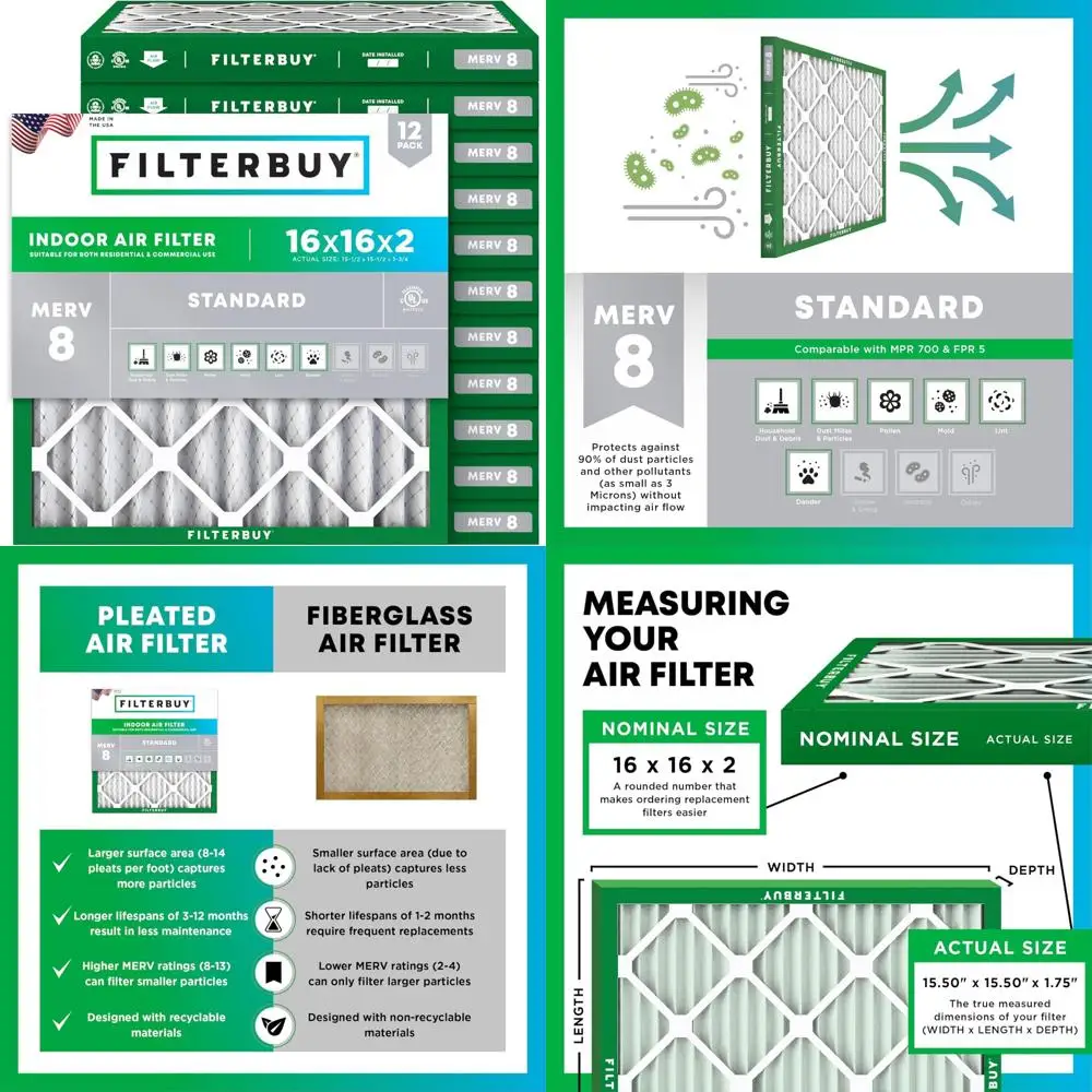 

Комплект из 12 воздушных фильтров MERV 8, сменные фильтры плиссированной печи переменного тока HVAC 16x16x2, электростатические фильтры MERV 8 защиты от пыли