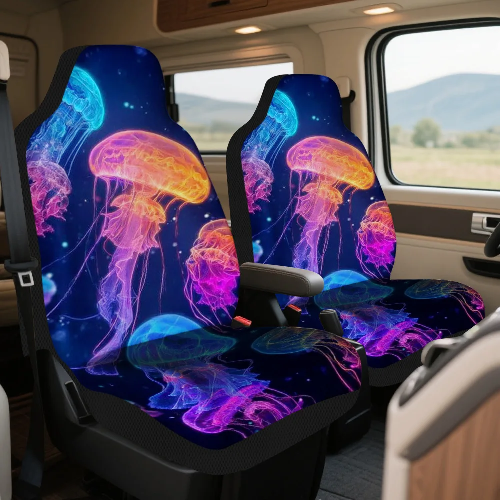 2pcs Glowing Colorful Jellyfish Print Car Seat Covers – Fit For Cars, SUVs & Sedans, Durable Design, Easy Installation, Enhance