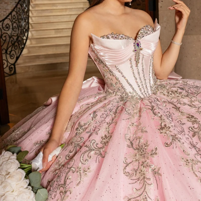 

Shiny Pink Quinceanera Dress off-shoulder Glitter Crystal Bead Decal Long tail Bow vestidos de 15 Quinceanera ﻿Customized