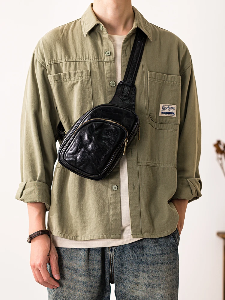 

Leisure sports designers handmade first layer cowhide men's small chest bag outdoor party luxury genuine leather crossbody bag